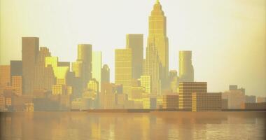 CGI Bright sunset over a golden skyline reflecting on calm water video