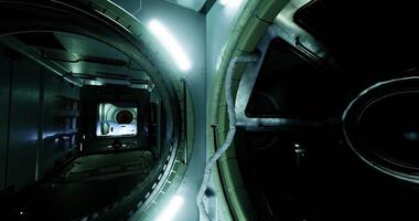 CGI Exploring a futuristic corridor in a space station at night video