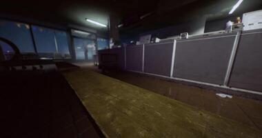 CGI Empty cafe interior with dim lighting and scattered tables in evening hours video