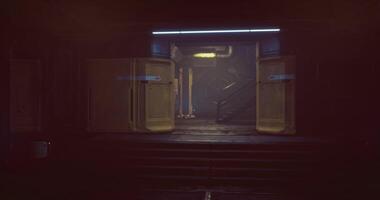 CGI Mysterious entrance leading to a dimly lit corridor in a futuristic setting video