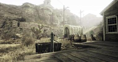 CGI Deserted old town with wagon and pump in misty atmosphere video