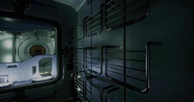 CGI Exploring the interior of a futuristic spacecraft in a deep space environment video