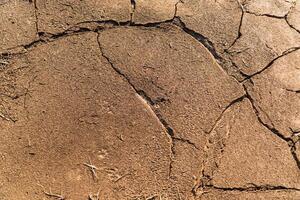 The ground has cracks top view. Soil cracked background photo