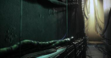 CGI Dark corridor with cables and mysterious light shining at the end video