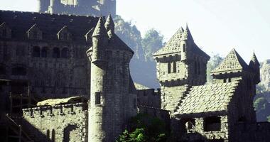 CGI Majestic stone castle with towering turrets nestled in lush greenery video