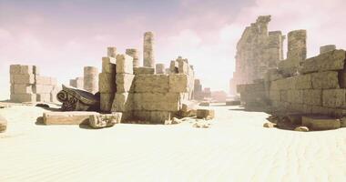 CGI Remnants of ancient architecture amid a sandy landscape at sunset video