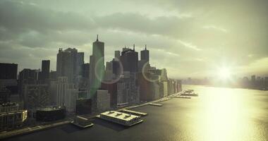 CGI Sunset over urban skyline with shimmering water along the coast video