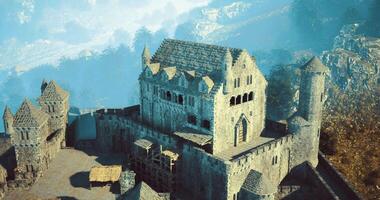 CGI Castle ruins under morning mist in a mountainous landscape during autumn video