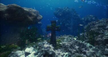 CGI Underwater exploration reveals a submerged cross amidst colorful marine life video