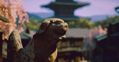 CGI Ancient stone guardian with cherry blossoms and traditional architecture video