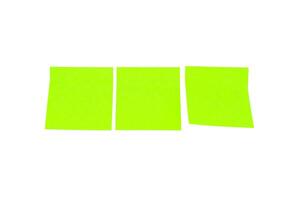 Three green blank sticky notes on white background. Empty sheets for notes photo
