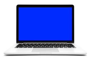 Portable modern computer with blue screen, blank screen, on a white background photo
