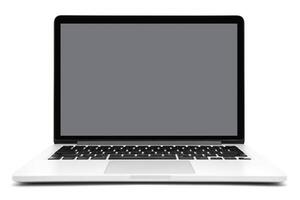 Laptop computer with grey screen isolated on white background photo