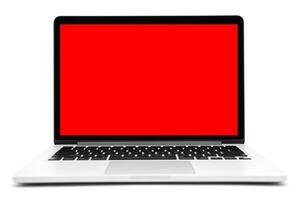 Portable modern silver computer with red screen, blank screen, on a white background photo