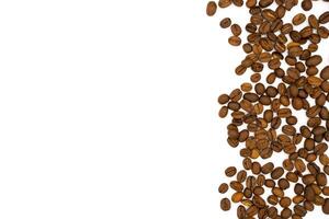 Brown coffee beans scattered on white with a lot copy space for text photo
