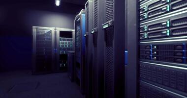 CGI Modern server room with high tech servers in dim lighting video