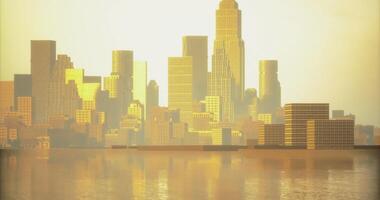CGI City skyline at sunset featuring golden buildings by the water video