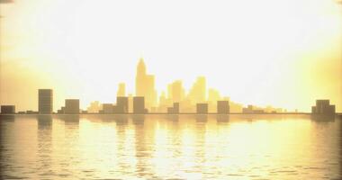 CGI City skyline at sunset reflecting on calm waters creates a serene atmosphere video