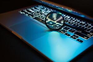 Laptop with magnifying glass. Search and analysis of information on the Internet. Selective focus photo