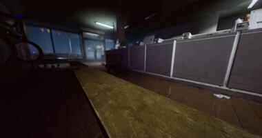 CGI Late night view inside a dimly lit cafe with wet floor video