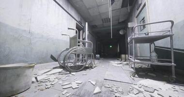 CGI Abandoned hospital hallway with broken equipment and debris scattered video