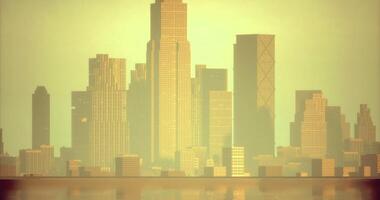 CGI Skyline view of a vibrant city bathed in golden light at sunset near the water video