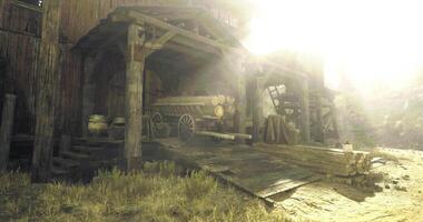 CGI Rustic barn structure with wooden logs in a sunlit rural setting video