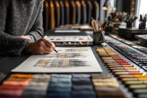 A man is drawing on a piece of paper with a pencil photo