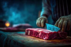 A man is cutting meat on a cutting board photo