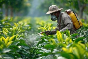 A man in a hat spraying pesticide on a coffee plant photo