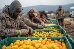A group of men working in a field with crates of yellow and orange fruit photo
