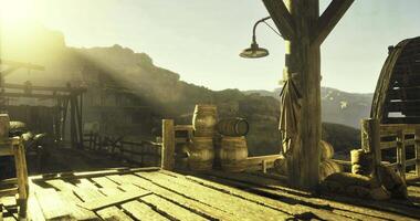 CGI Rustic wooden dock with barrels and soft sunlight in a tranquil setting video