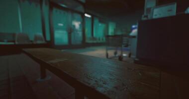 CGI Bench in dimly lit waiting area of a public location during evening hours video