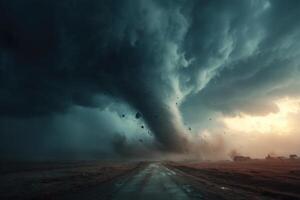 A tornado is seen in the sky over a road photo