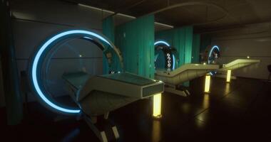 CGI Futuristic medical facility with high tech exam pods and ambient light video