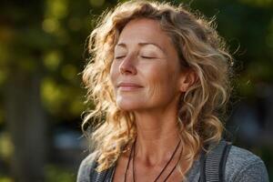 A woman with her eyes closed and her mouth open photo