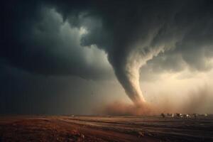 A tornado is seen in the sky over a field photo