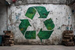 A recycling symbol painted on a wall in an old building photo