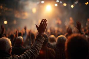 People raising their hands in the air at a concert photo