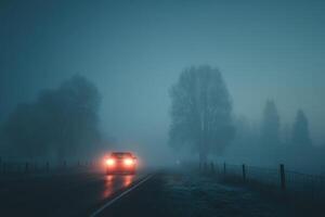 A car driving down a foggy road at night photo