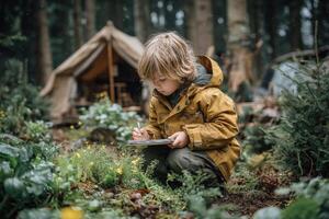 A young boy in a forest using a tablet photo