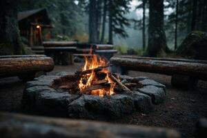 A fire pit in the woods with logs and logs photo