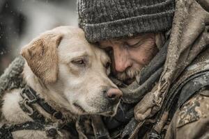 A man is hugging his dog in the snow photo