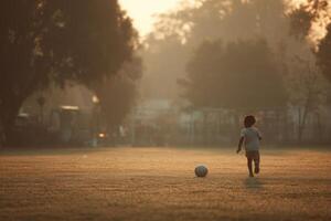 A young boy walking on a field with a soccer ball photo