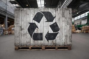 A wooden crate with a recycling symbol on it photo