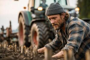 A man is kneeling in the dirt with a tractor photo