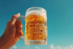 A person holding a beer mug with foam on top photo