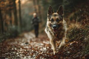 A german shepherd dog running through the woods photo