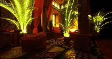 CGI Decorative interior with vibrant palm trees illuminated at sunset video