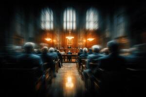 A blurry image of a courtroom with people sitting in chairs photo